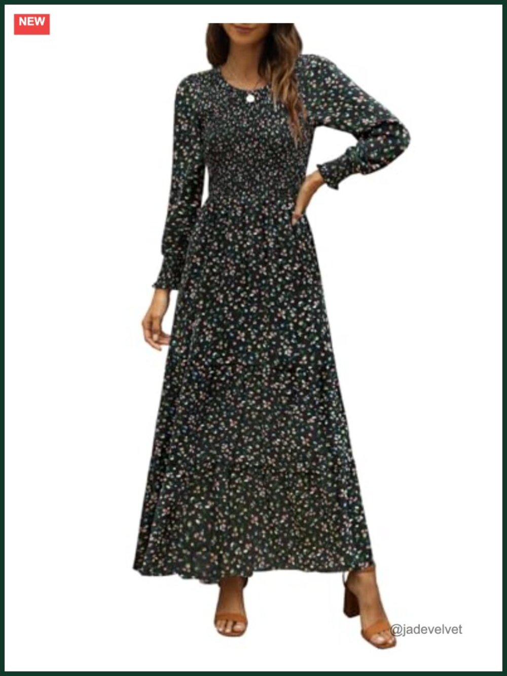 Smocked Floral Maxi Dress Long Sleeve Tiered Flowy A-Line Wedding Guest Modest
